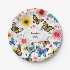 Prato De Papel Flores botânicas de cor aquosa monograma elegante