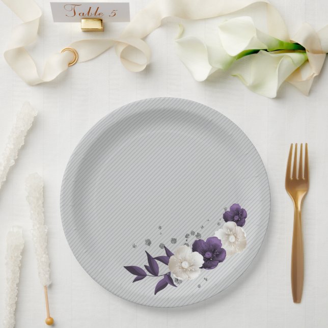 Prato De Papel flores botânicas roxas brancas empoeiradas (Casamento)
