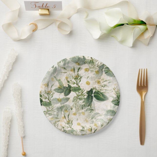 Prato De Papel Flores Brancas Lisas Românticas e Folhas Verdes (Casamento)