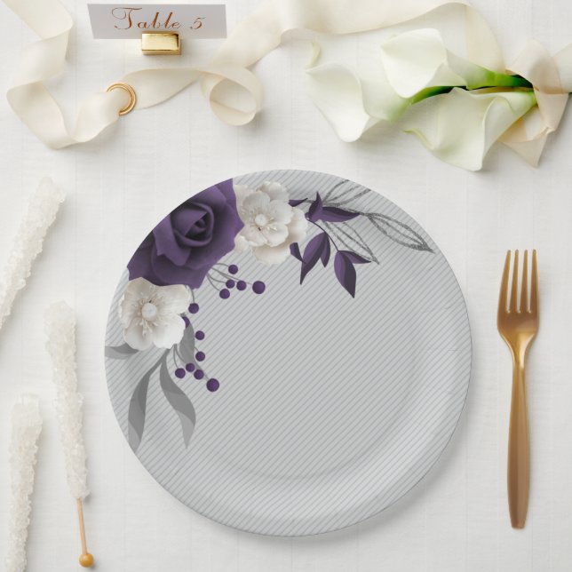 Prato De Papel flores brancas roxas poeirentas botânicas (Casamento)