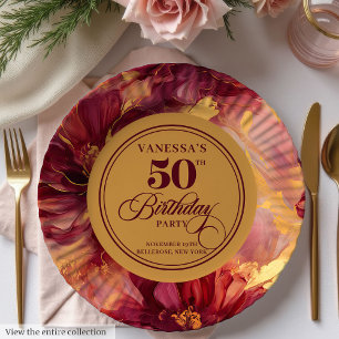 Prato De Papel Flores Clássicas Bege Dourado Borgonha 50º Anivers