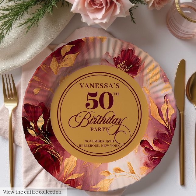 Prato De Papel Flores Clássicas Bege Dourado Borgonha 50º Anivers (Classic Burgundy Blush Gold Flowers 50th Birthday Paper Plates )