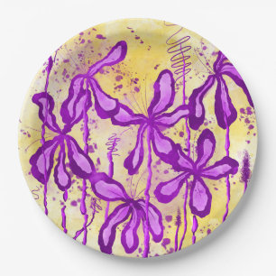 Prato De Papel Flores com abstrato amarelo púrpura