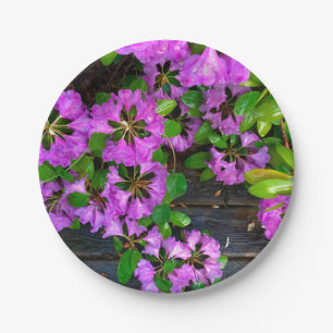 Prato De Papel Flores cor-de-rosa azáleas, grão de madeira de qui