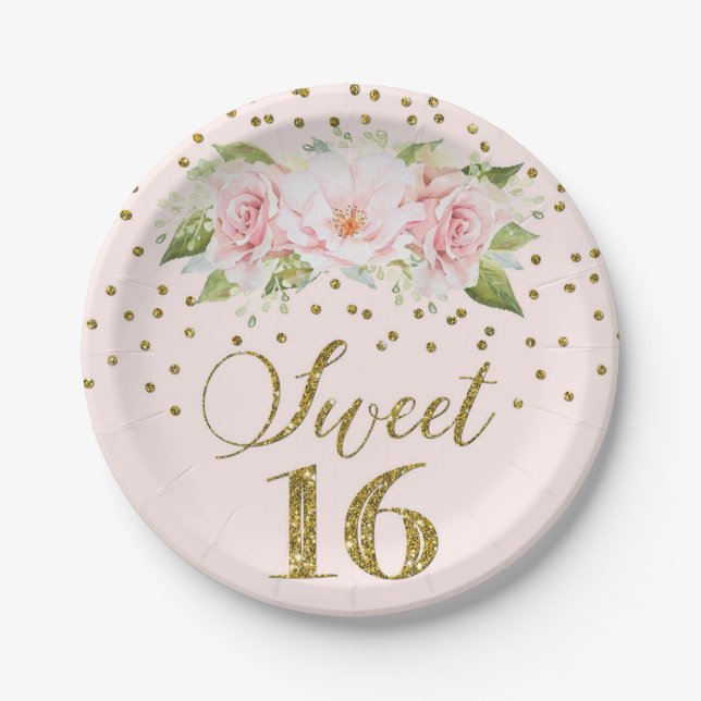 Prato De Papel Flores De Água Rosa Brilhantes Doce 16 Aniversário (Frente)