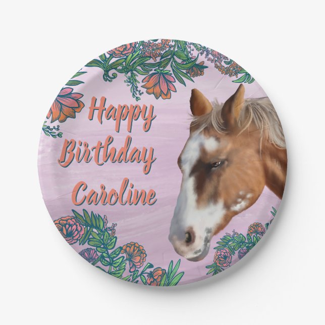 Prato De Papel Flores de Aniversário e Cavalo Palomino  (Frente)