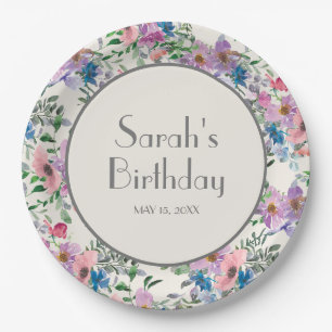 Prato De Papel Flores de Aquarela Azul Roxo Rosa Cream Sweet 16