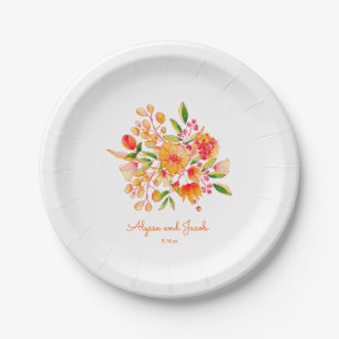 Prato De Papel Flores de Aquarela Laranja Vintage Casamento Perso