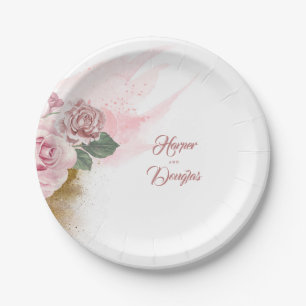 Prato De Papel Flores de Aquarela Rosa Empoeirada e Brilho Dourad