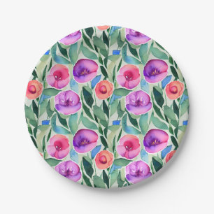 Prato De Papel Flores de Aquarela Rosa, Roxo, Verde
