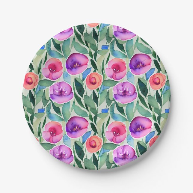 Prato De Papel Flores de Aquarela Rosa, Roxo, Verde (Frente)