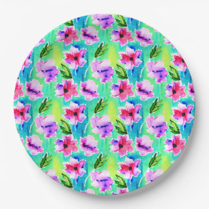 Prato De Papel Flores de Aquarela Rosa, Roxo, Verde e Azul