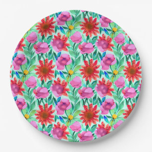 Prato De Papel Flores de Aquarela Rosa, Vermelho, Verde