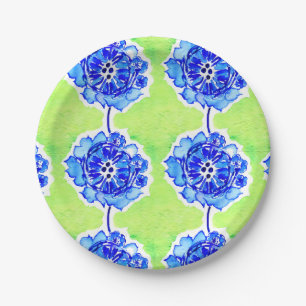 Prato De Papel Flores de Aquarela Verde e Azul
