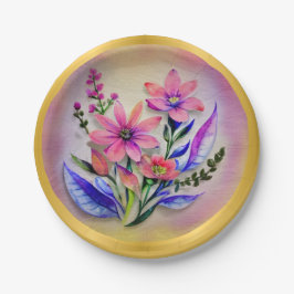 Prato De Papel Flores de Buquê de Aquarela, Fundo Colorido