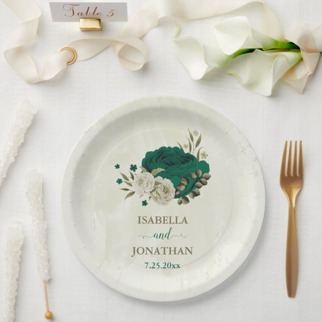 Prato De Papel flores de casamento em verde esmeralda bege (Casamento)