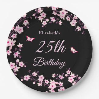 Prato De Papel Flores de Cerejeira Rosa Preto Personalizado
