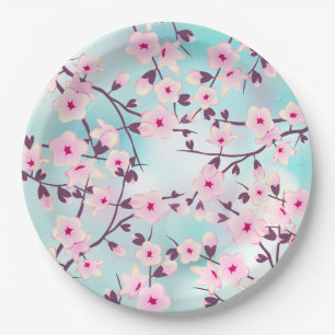 Prato De Papel Flores de Cerejeira Turquesa Rosa