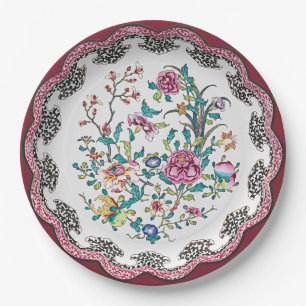 Prato De Papel Flores de Chinoiserie Rosa com Bordas Onduladas Lo