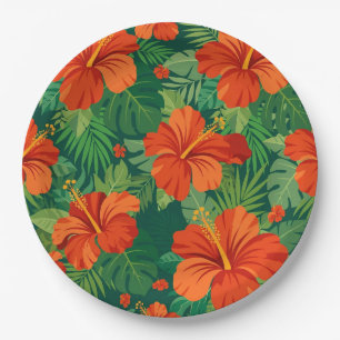 Prato De Papel Flores de Hibisco Vermelho Laranja Verde Folhagem 