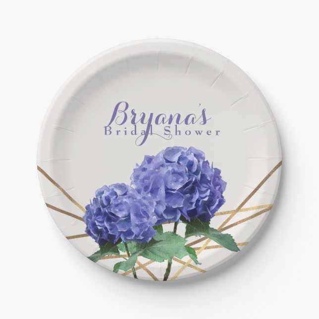 Prato De Papel Flores de Hortênsia & Linhas Douradas Personalizad (Frente)