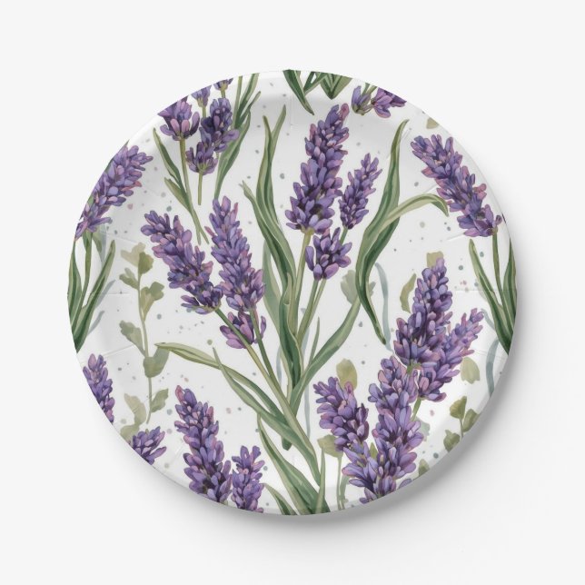 Prato De Papel Flores de Lavanda Roxa Botânica Aquarela (Frente)