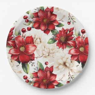 Prato De Papel Flores de Natal Poinsettia Padrão Verde Vermelho