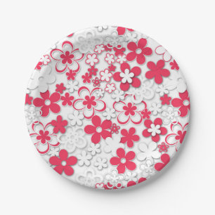 Prato De Papel Flores de papel vermelho e branco