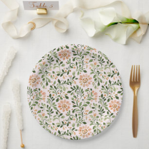 Prato De Papel Flores de Pêssego Rosa Folhas Verdes Chá de Noiva