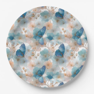 Prato De Papel Flores de Primavera Vintage & Borboleta Azul