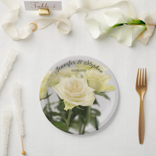 Prato De Papel Flores de Rosa Branca Clássica Elegante Casamento (Casamento)