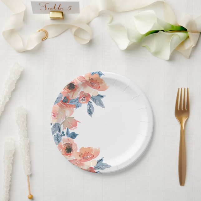 Prato De Papel Flores de Rosas Azuis e Bege para Qualquer Ocasião (Casamento)