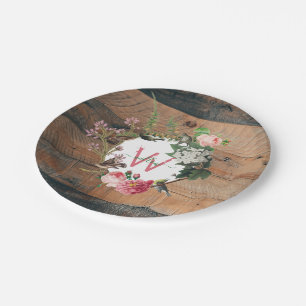Prato De Papel Flores De Vintagem De Madeira Rústica Monogramada