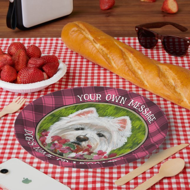 Prato De Papel Flores de Westie e Rosa (Piquenique)