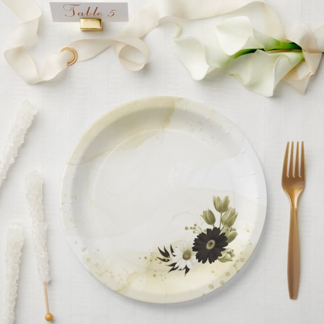 Prato De Papel Flores douradas marrom incríveis em marfim (Casamento)