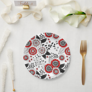 Prato De Papel Flores e folhas de rabo em vermelho e preto