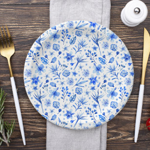 Prato De Papel Flores e Folhas Tropicais Azul Cobalto Padrão 7"