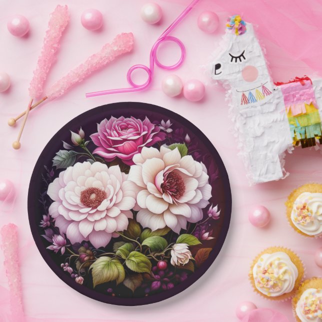 Prato De Papel Flores em Aquarela Rosa e Roxo (Festa)