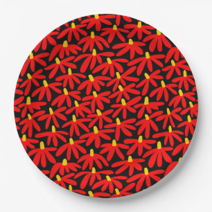 Prato De Papel Flores Estilizadas - Vermelho e Âmbar em Preto