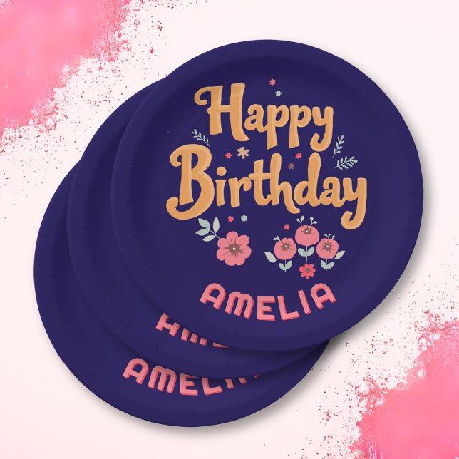 Prato De Papel Flores Florais Feliz Aniversário Handlettering (Criador carregado)