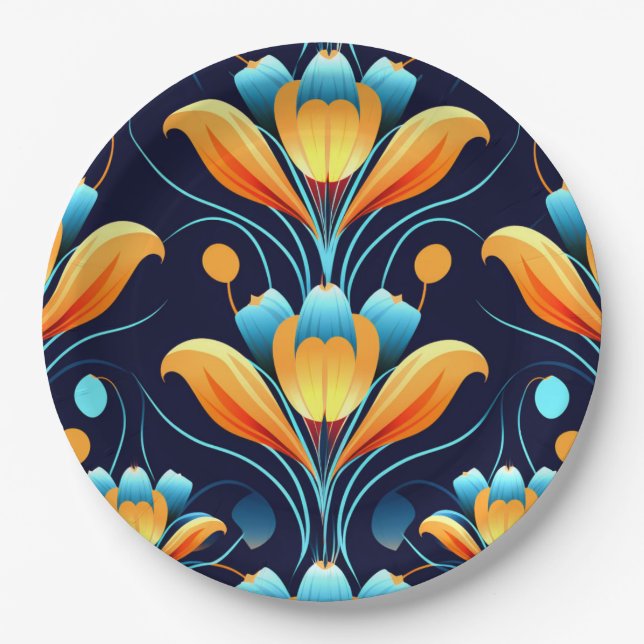 Prato De Papel flores laranja azul Art Deco (Frente)