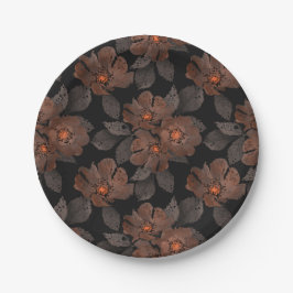 Prato De Papel Flores laranja e marrom em um fundo preto.