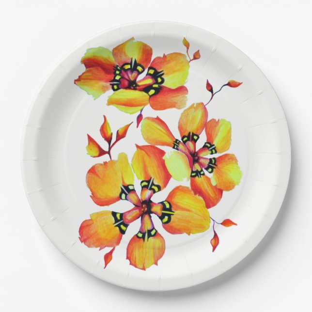 Prato De Papel Flores Laranja Elegantes - Personalize seu (Frente)