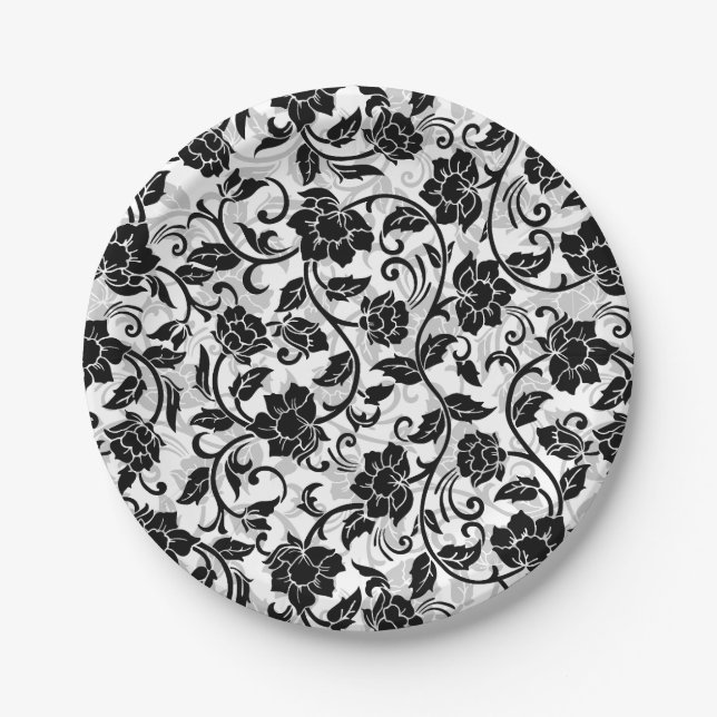 Prato De Papel Flores Negras e Cinzas (Frente)