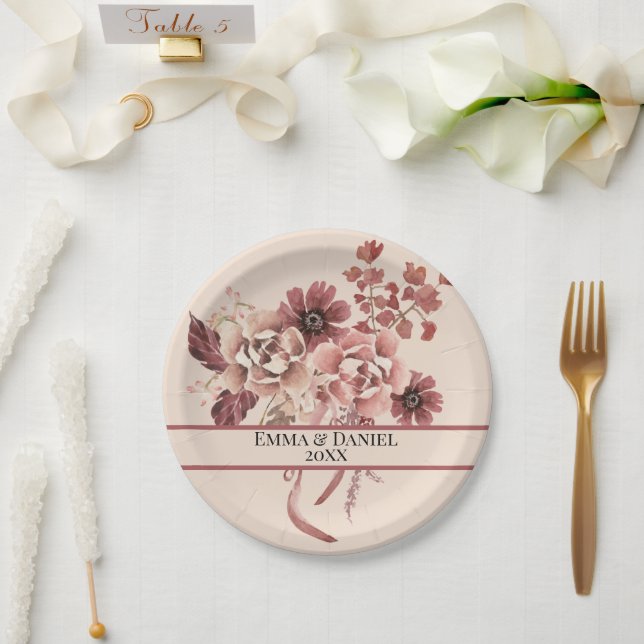 Prato De Papel Flores Outonais Rústicas Luz Bege Aquarela (Casamento)