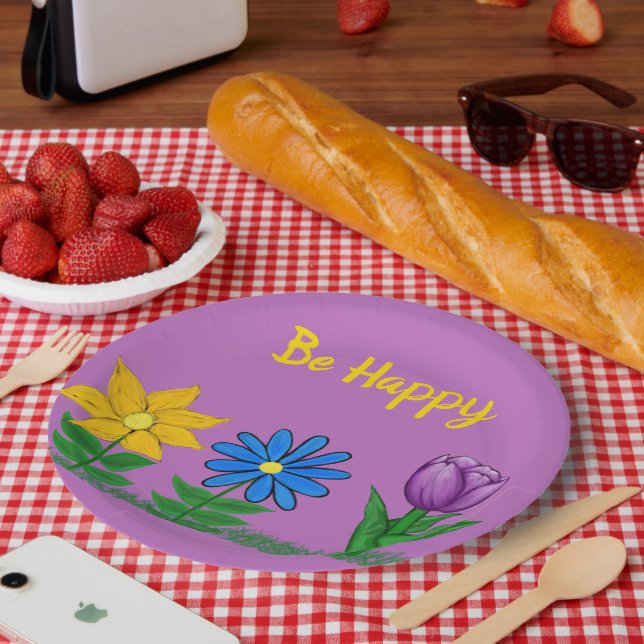 Prato De Papel Flores Pintadas Pelas Mãos, Azuis Amarelas (Piquenique)