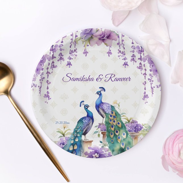 Prato De Papel Flores púrpuras de pavão-pavão (Peacock purple flowers Indian wedding tableware personalized template Paper Plates)