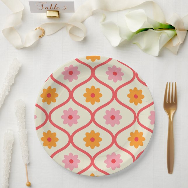 Prato De Papel Flores retrô laranja e rosa no padrão Ogee (Casamento)
