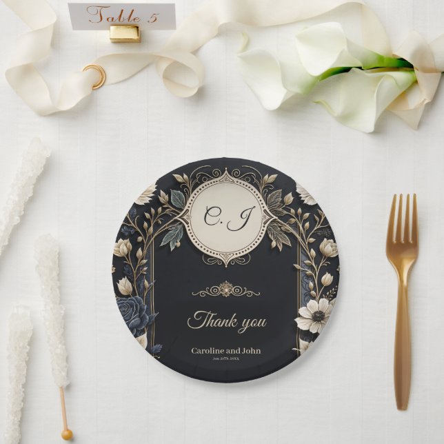 Prato De Papel Flores românticas brilhantes sobre fundo azul prof (Casamento)