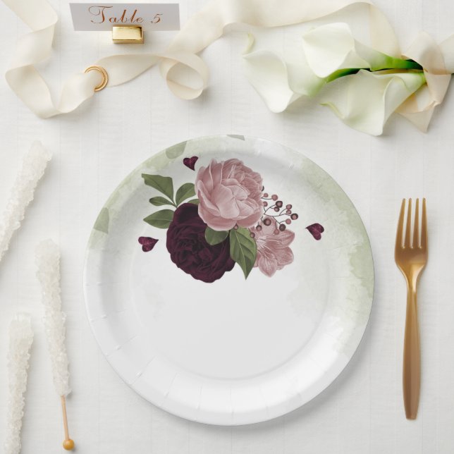 Prato De Papel flores rosa e cabernet verde (Casamento)